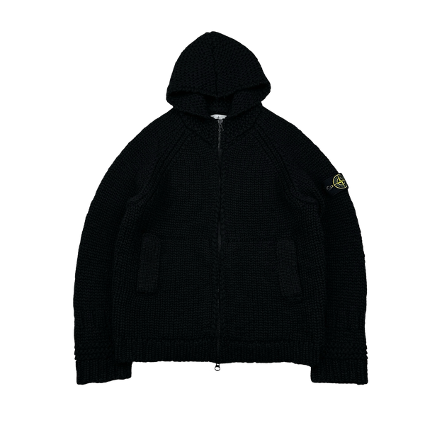 Stone Island 2022 Black 100% Wool Knitted Heavyweight Hoodie - Large