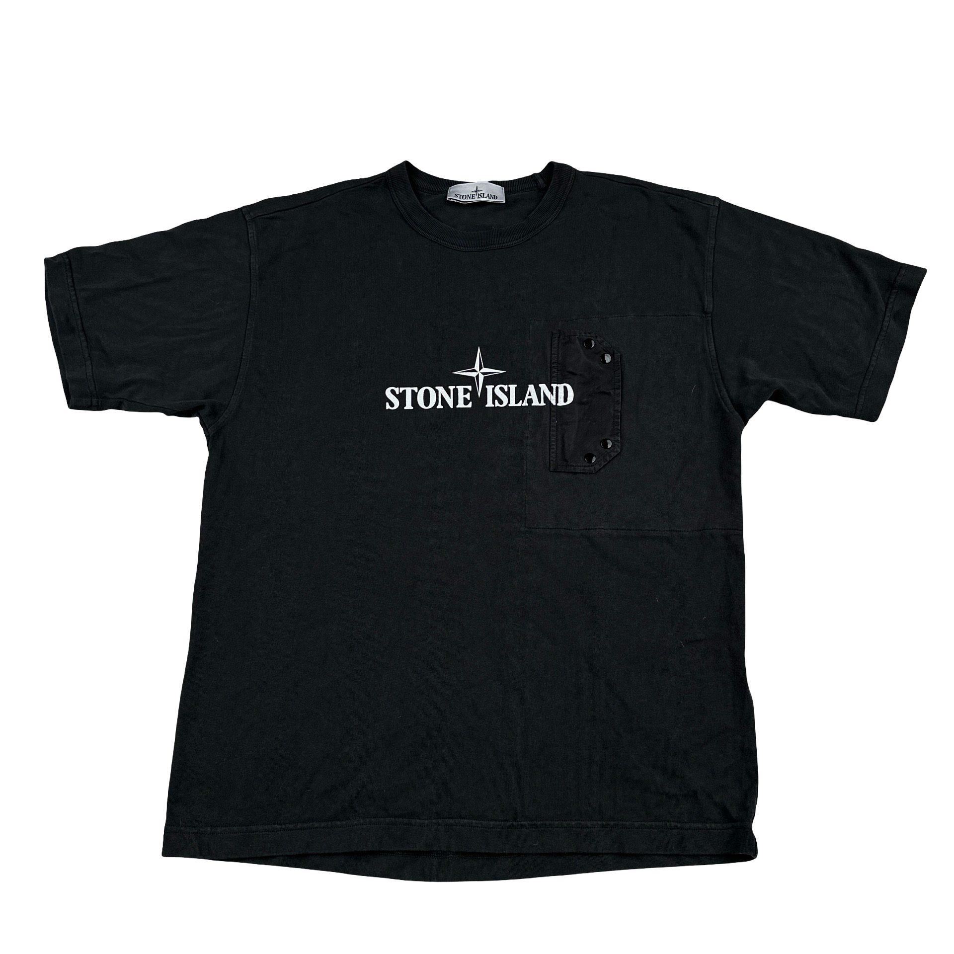 Stone Island 2024 Black Spellout Chest Pocket T Shirt - Small