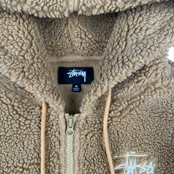 Stussy Teddy Fleece Zipped Hooded Spellout Jumper - Medium