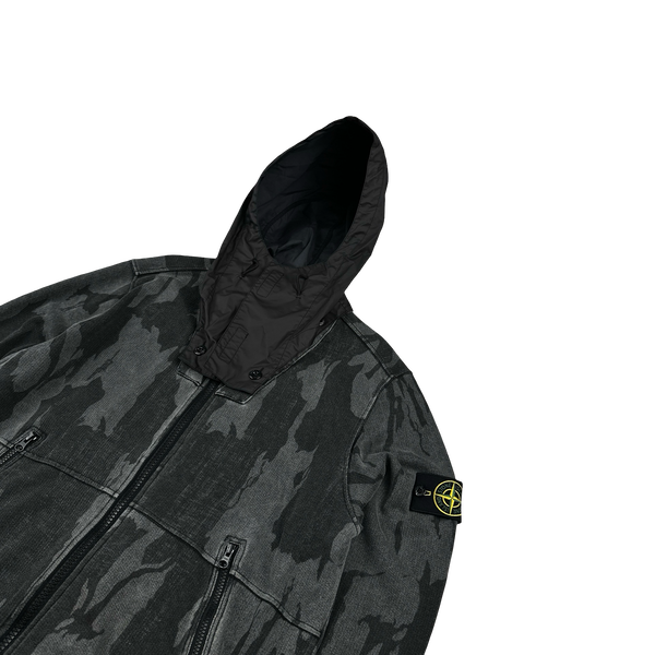 Stone Island 2015 Grey Flowing Camo Mussola Gommata Zipped Hooded Sweatshirt - XXL