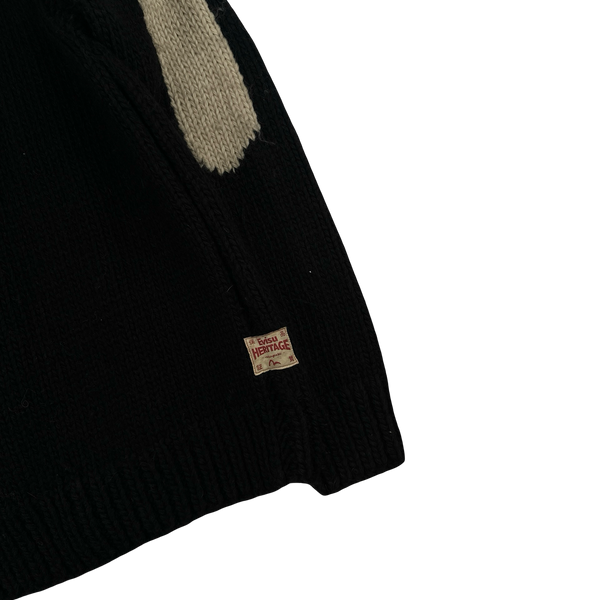 Evisu 2000s Heavyweight Black Wool Logo Buttoned Cardigan - Large