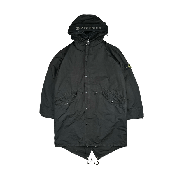 Stone Island 2007 Black David TC Dutch Liner Spellout Hood Long Parka Jacket - XXL