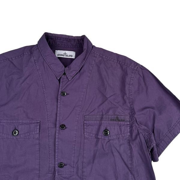 Stone Island 2014 Purple Cotton Spellout Buttoned Short Sleeve Shirt - XL