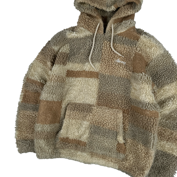 Stussy Teddy Fleece Hooded Spellout Pullover Jumper - Large