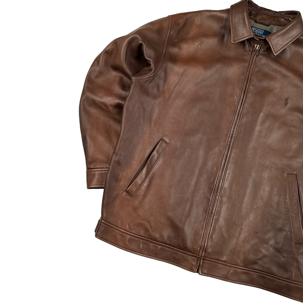 Ralph Lauren Brown Collared Lambskin Leather Jacket - Large