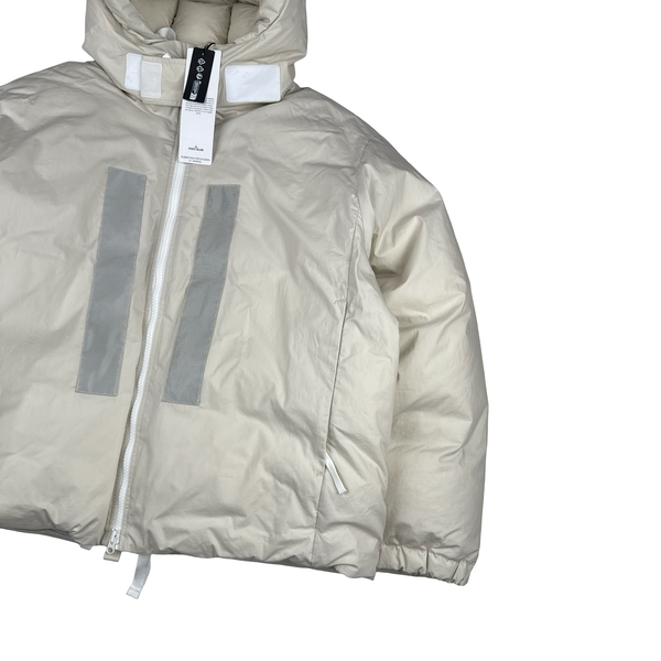 Stone Island 2023 Marina Cream Reflective Strips Puffer Rubber Wax Poplin Down S.I. Marina Jacket - XXL