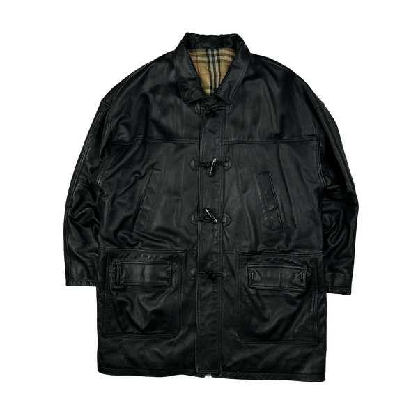 Burberry Leather Nova Check Lined Collared Duffle Coat - XL