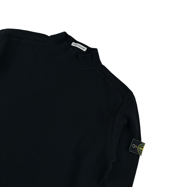 Stone Island 1999 Black Ribbed Wool Vintage Pullover Mock Neck Jumper - Large