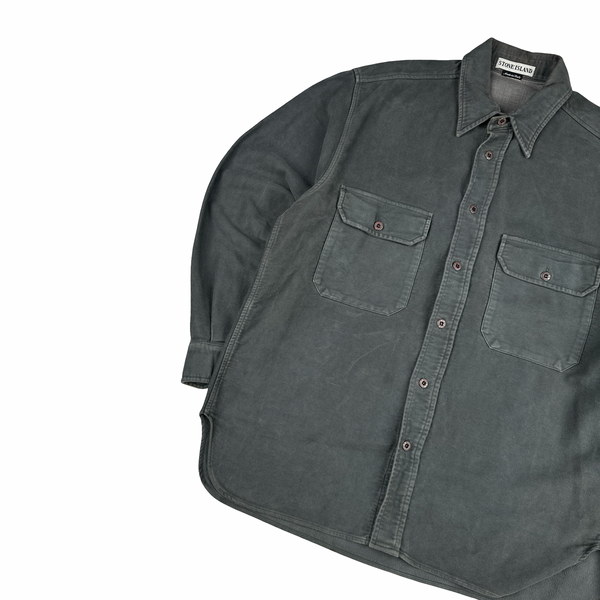 Stone Island 1996 Green Edge Thick Grey Fleece Shirt - Medium