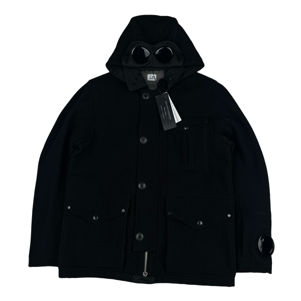 CP Company Black Wool Spellout La Mille Watch Viewer Duffle Jacket - Large