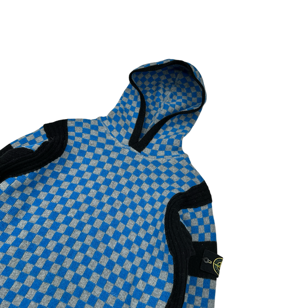 Stone Island 2010 Blue Checkered Sample Wool Knit Hoodie VERY RARE - Large