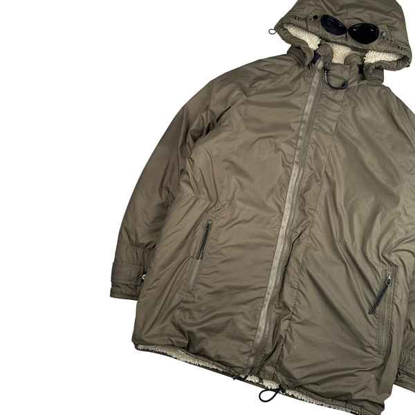 CP Company Reversible Thick Nylon Khaki Goggle Fleece Lined Hooded Jacket - Large