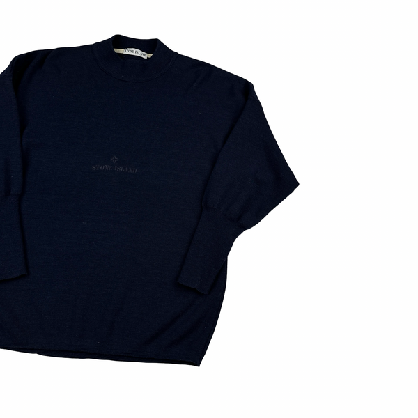 Stone Island 1986 Navy Knitted Wool Blend Spellout Vintage Pullover - Medium