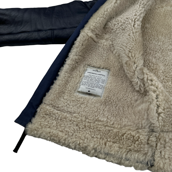 Stone Island 2014 Navy Hand Painted Leather Sheepskin Shearling Jacket - XL