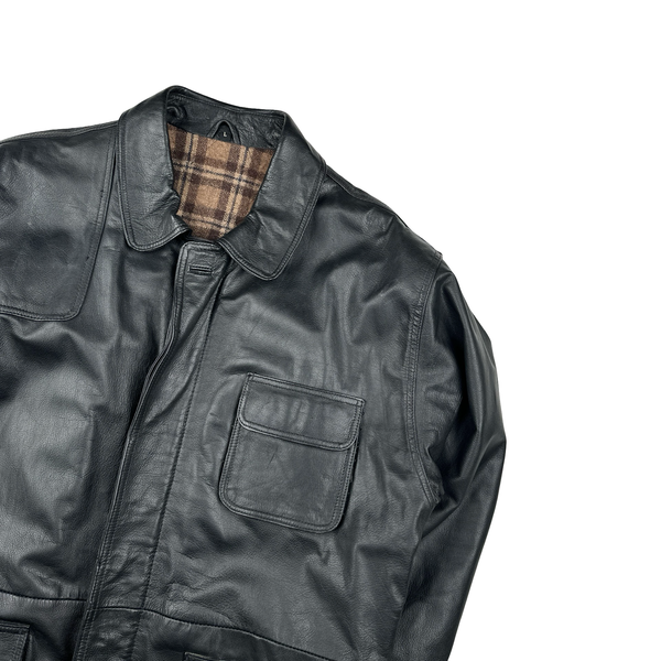 Ralph Lauren Black Wool Blend Lining Heavyweight Leather Jacket - Large