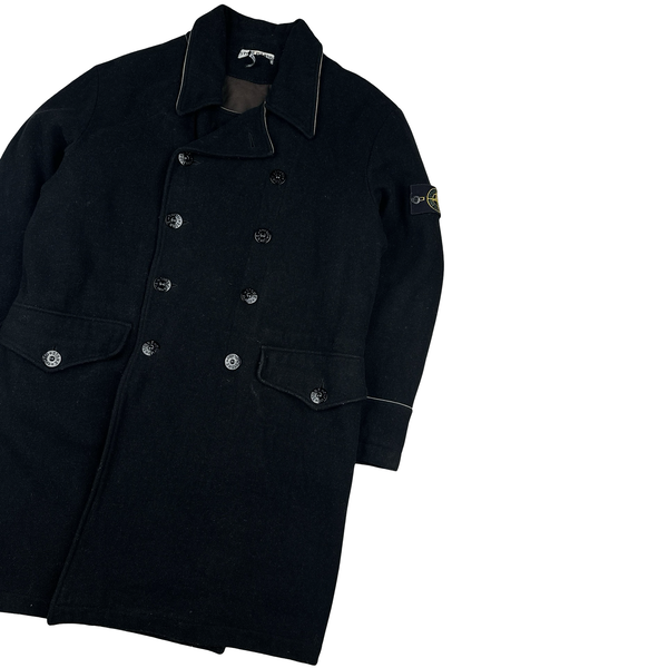 Stone Island 2001 Black Thick Wool Collared Double Breasted Jacket - Large