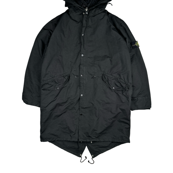 Stone Island 2007 Black David TC Dutch Liner Spellout Hood Long Parka Jacket - XXL