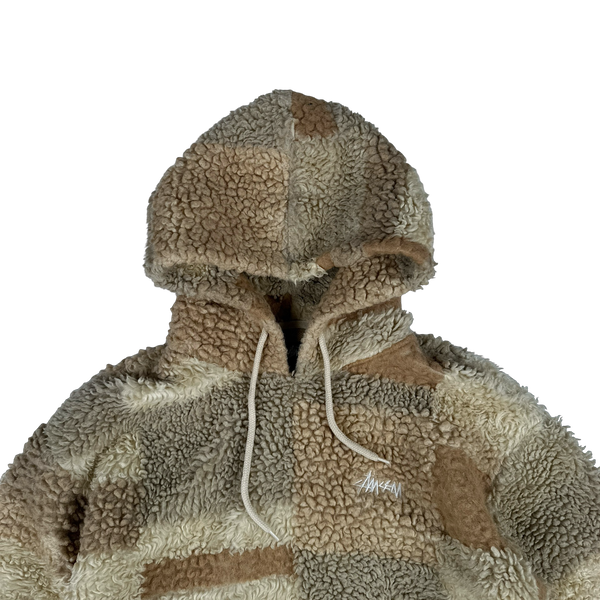Stussy Teddy Fleece Hooded Spellout Pullover Jumper - Large