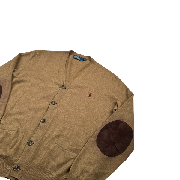 Ralph Lauren Polo Brown Merino Wool Buttoned Suede Elbow Pad Cardigan - Medium