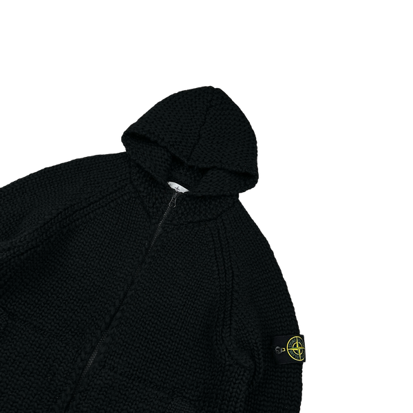 Stone Island 2022 Black 100% Wool Knitted Heavyweight Hoodie - Large