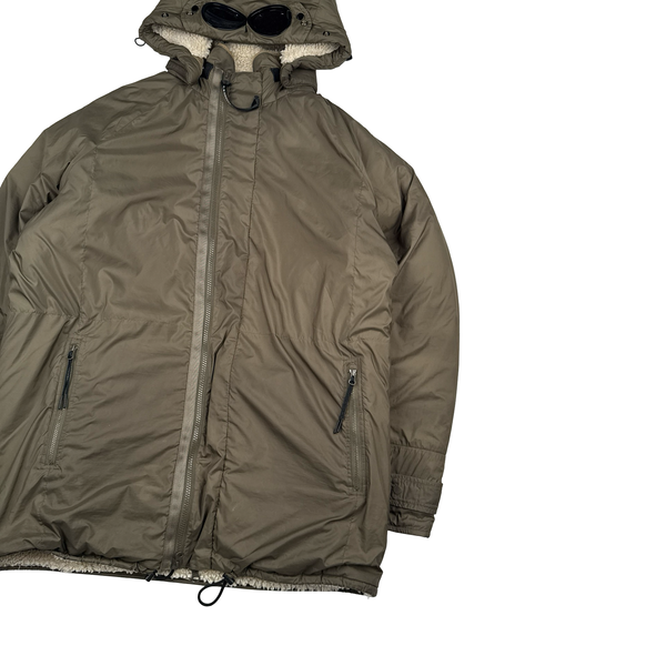 CP Company Reversible Thick Nylon Khaki Goggle Fleece Lined Hooded Jacket - Large