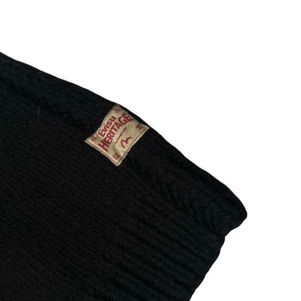 Evisu 2000s Heavyweight Black Wool Logo Buttoned Cardigan - Large