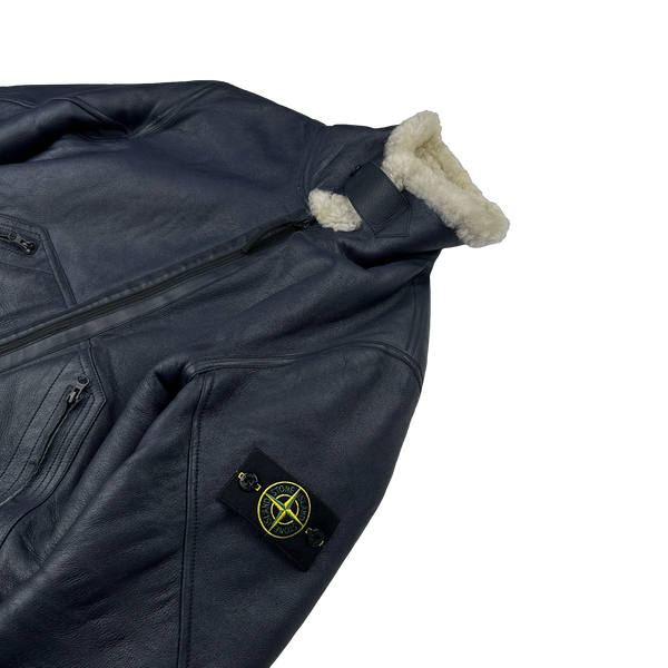 Stone Island 2014 Navy Hand Painted Leather Sheepskin Shearling Jacket - XL