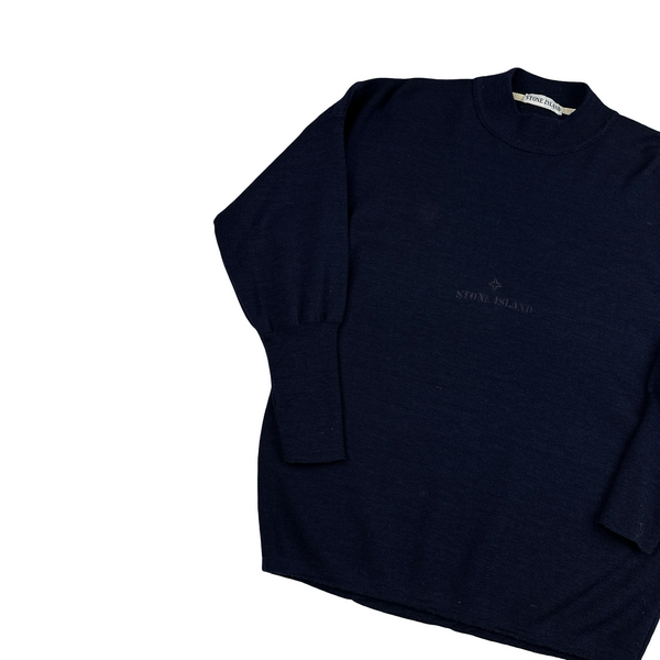Stone Island 1986 Navy Knitted Wool Blend Spellout Vintage Pullover - Medium