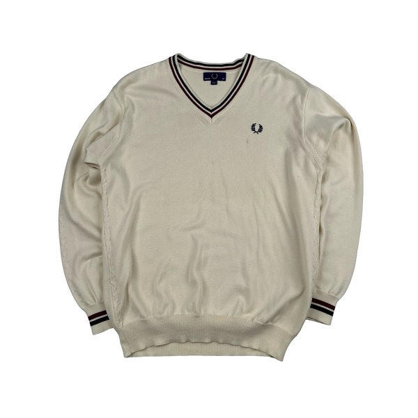 Fred Perry Cream Tennis V Neck Knit - Large