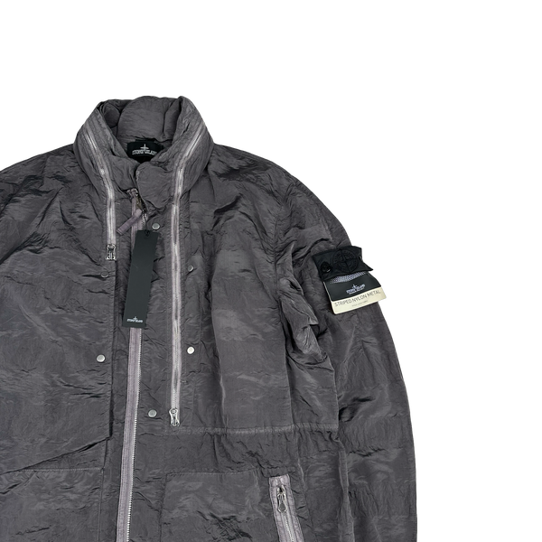Stone Island 2020 Grey Striped Nylon Metal Long Jacket - Large
