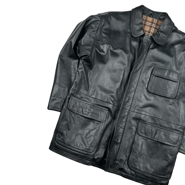 Ralph Lauren Black Wool Blend Lining Heavyweight Leather Jacket - Large