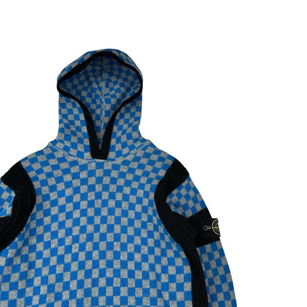 Stone Island 2010 Blue Checkered Sample Wool Knit Hoodie VERY RARE - Large