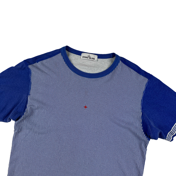 Stone Island 2019 Blue Striped Marina Spellout T Shirt - Medium