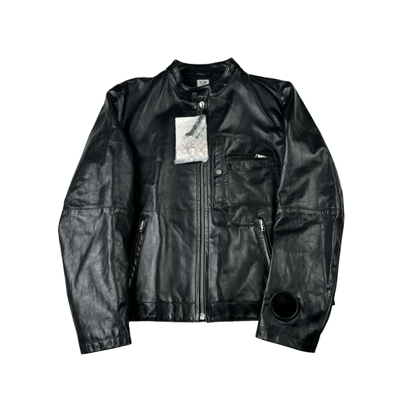 CP Company 2007 Black Zipped Vintage Real Leather Jacket - XXL