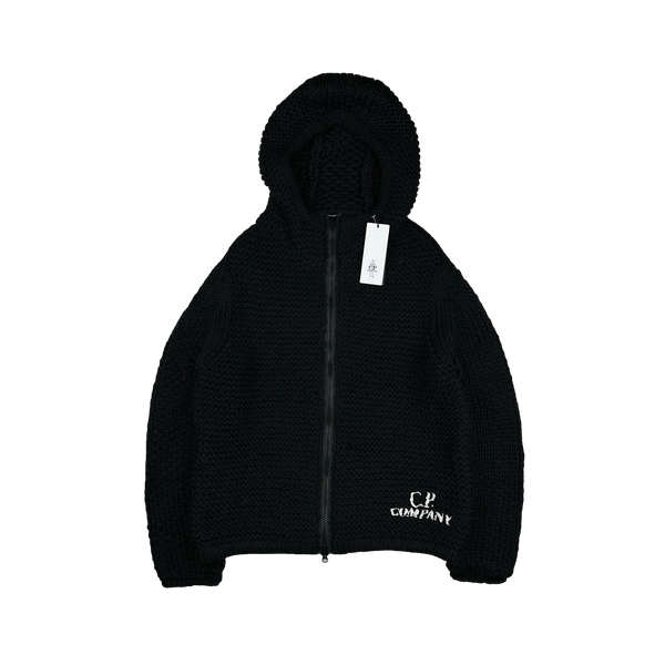 CP Company Black Heavyweight 100% Wool Handmade Knitted Zipped Hoodie - Small, Medium, Large, XL