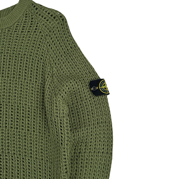 Stone Island 2022 Green Thick Woven Knit Crewneck Jumper - Large
