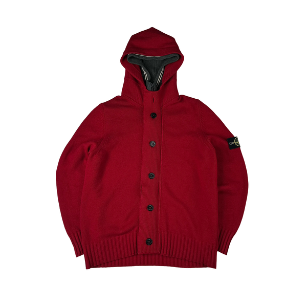 Stone Island 2009 Red Lined Hood Zipped Wool Knit - XXL