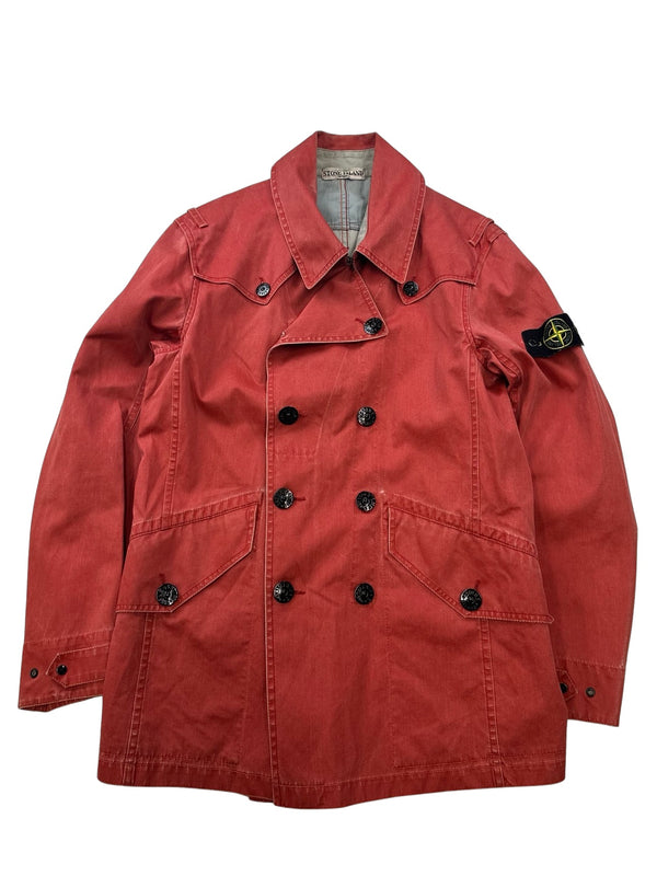 Stone Island 2010 Red Cotton Blend Trench Style Double Breasted Jacket - Medium