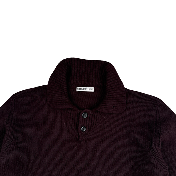 Stone Island Burgundy 1998 Vintage Wool Compass Knit Pullover Jumper - Large