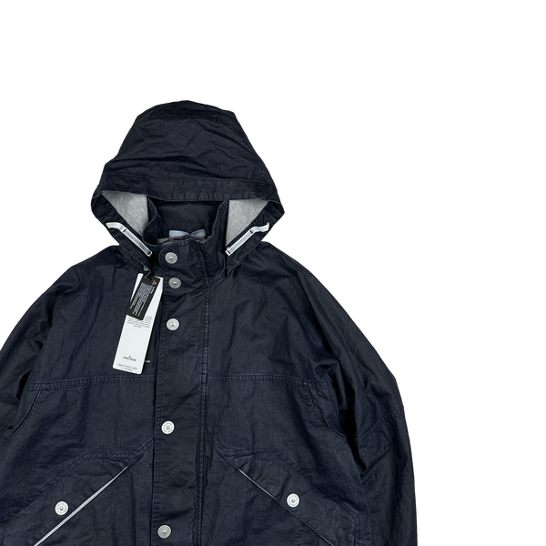 Stone Island 2024 Navy Raw Plated Linen Marina Spellout Zipped Jacket - Large
