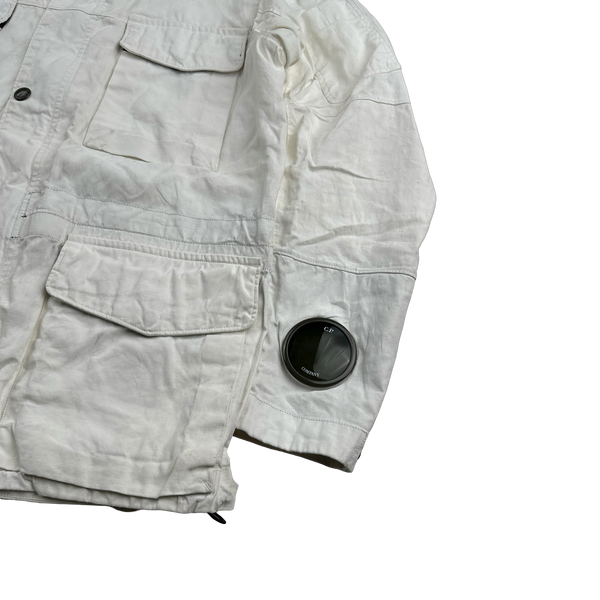CP Company White Plated Linen La Mille Goggle Jacket - Small