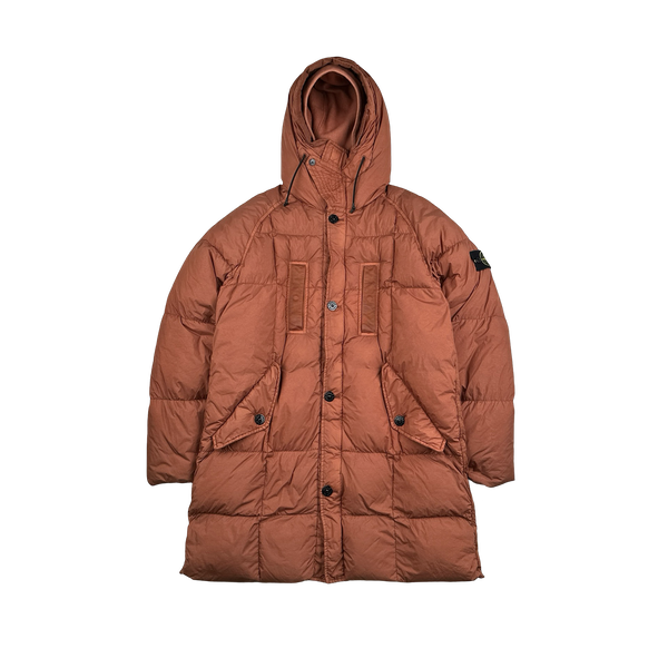 Stone Island 2019 Salmon Garment Dyed Crinkle Reps Long Puffer Jacket - Medium