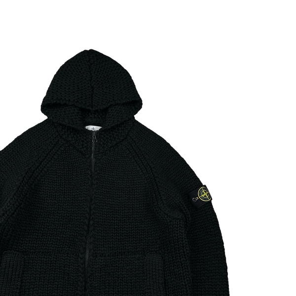 Stone Island 2022 Black 100% Wool Knitted Heavyweight Hoodie - Large