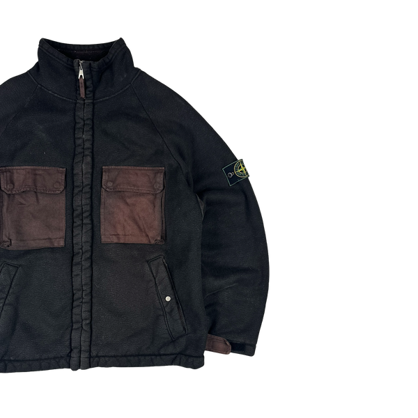 Stone Island 1999 Brown Fleece Lined Vintage Green Edged Zipped Jumper - Large