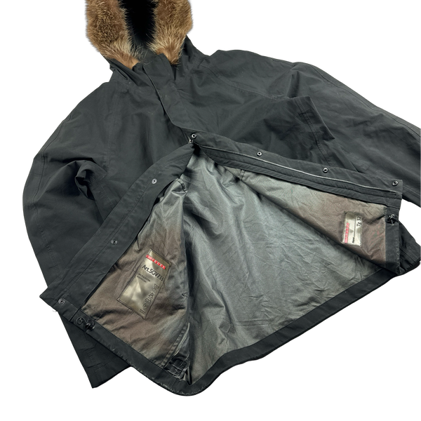 Prada Black Racoon Fur Hood Goretex Parka Jacket - XL