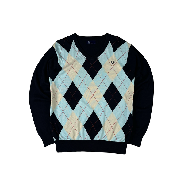 Fred Perry Baby Blue Dimond Details Zipped V Neck Knit - Medium