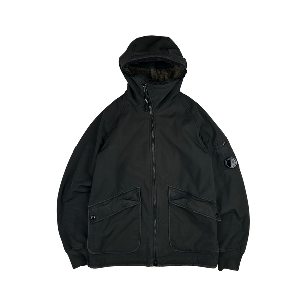 CP Company Black Teddy Fleece Lined Lens Viewer Hooded Jacket - Small