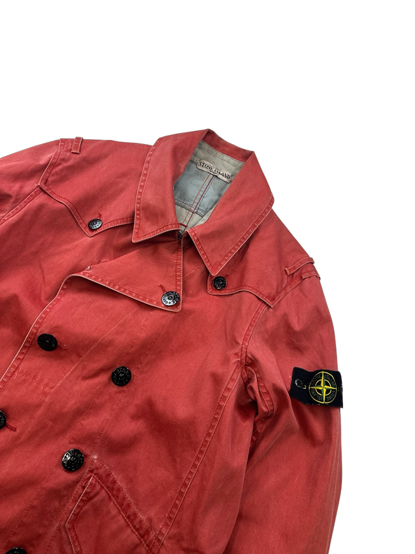 Stone Island 2010 Red Cotton Blend Trench Style Double Breasted Jacket - Medium