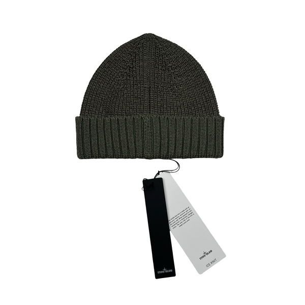 Stone Island 2017 Green Ice Knit Ribbed Wool Logo Beanie Hat