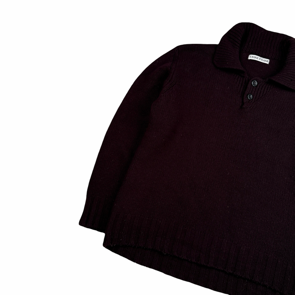 Stone Island Burgundy 1998 Vintage Wool Compass Knit Pullover Jumper - Large